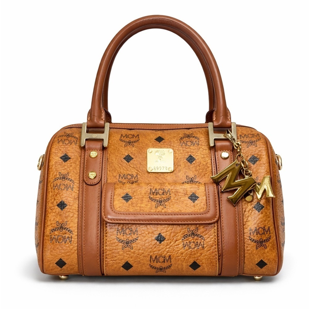 MCM Vintage Cognac Visetos Monogram Boston Satchel Bag with Gold Logo Plate